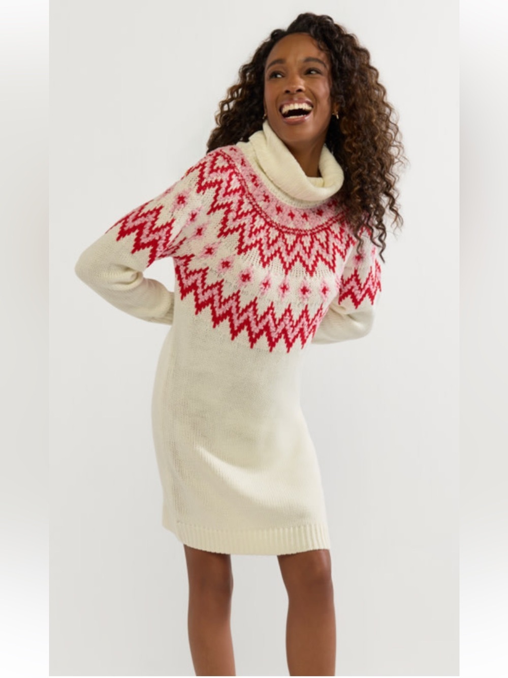 Francesca's Collections White Turtleneck Sweater Dress with Red Fair Isle Yoke